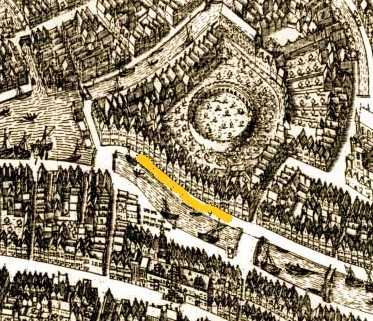 De Nieuwe Rijn met in geel het gedeelte waar de brouwerij van Jan Reyersz stond (op een kaart van Pieter Bast uit 1600).